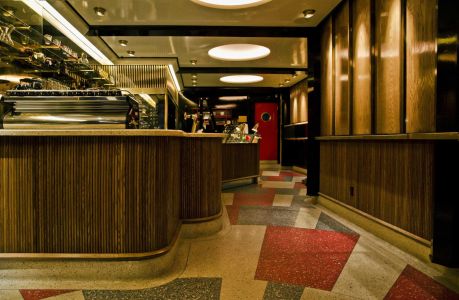 Located at the Kava Cafe in NYC - Stained real wood and solid wood veneer tambour
