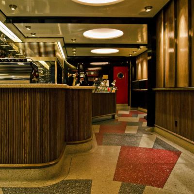Located at the Kava Cafe in NYC - Stained real wood and solid wood veneer tambour