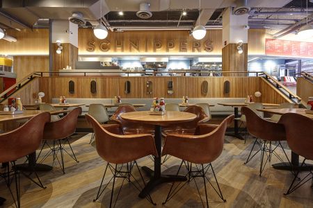Solid wood tambour at Schnippers in NYC solid wood tambour wall restaurant